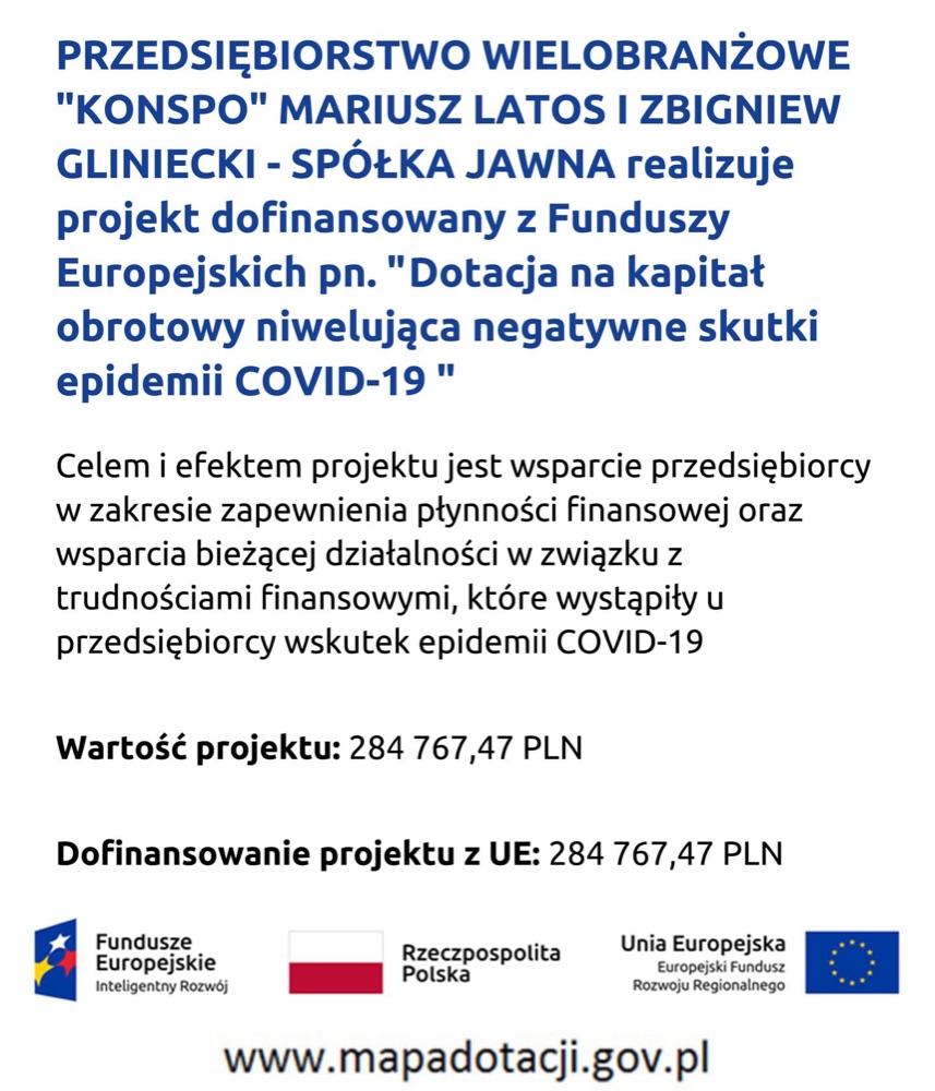 Plakat informacyjny: dotacja na kapitał obrotowy niwelująca negatywne skutki epidemii COVID-19 — Fundusze Europejskie Inteligentny Rozwój, Rzeczpospolita Polska, Unia Europejska — Europejski Fundusz Rozwoju Regionalnego