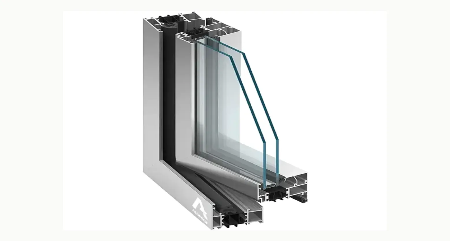 Przekrój narożnika okna aluminiowego w systemie Aluprof MB-70 z pakietem szybowym