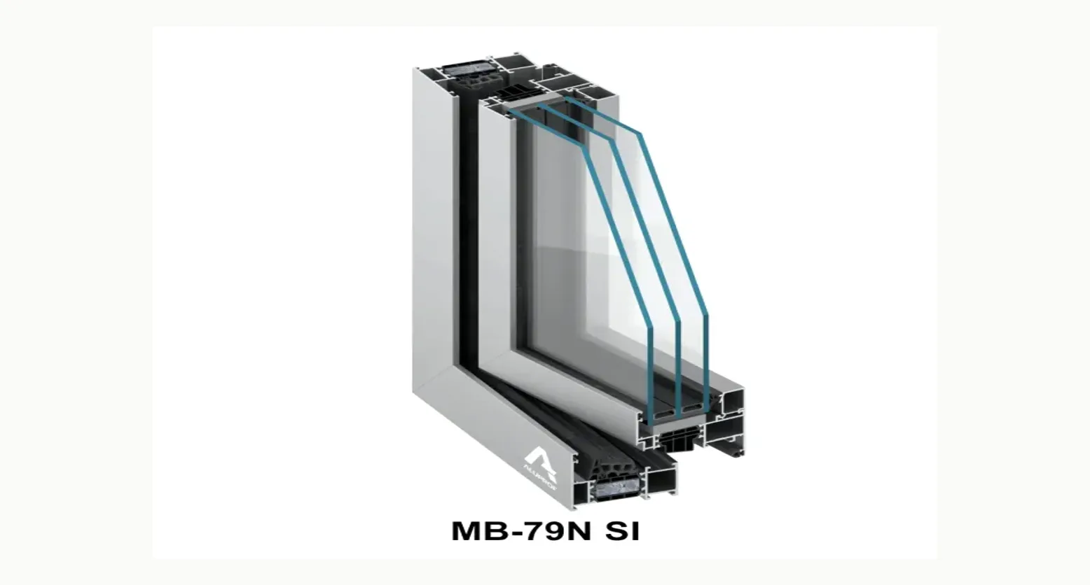 Przekrój narożnika okna aluminiowego w systemie Aluprof MB-79N z pakietem szybowym