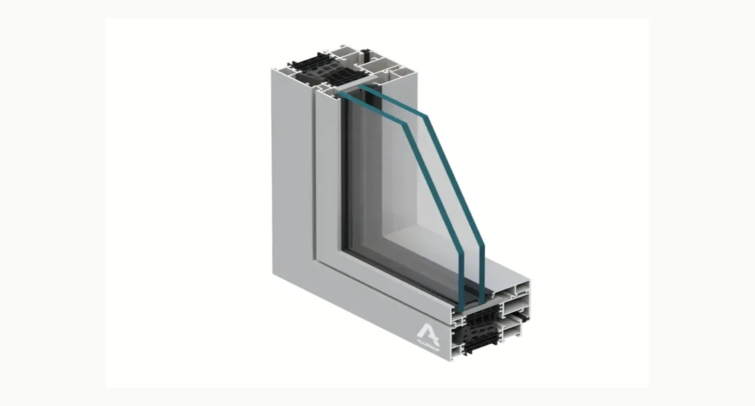 Przekrój narożnika okna aluminiowego w systemie Aluprof MB-86N z pakietem szybowym
