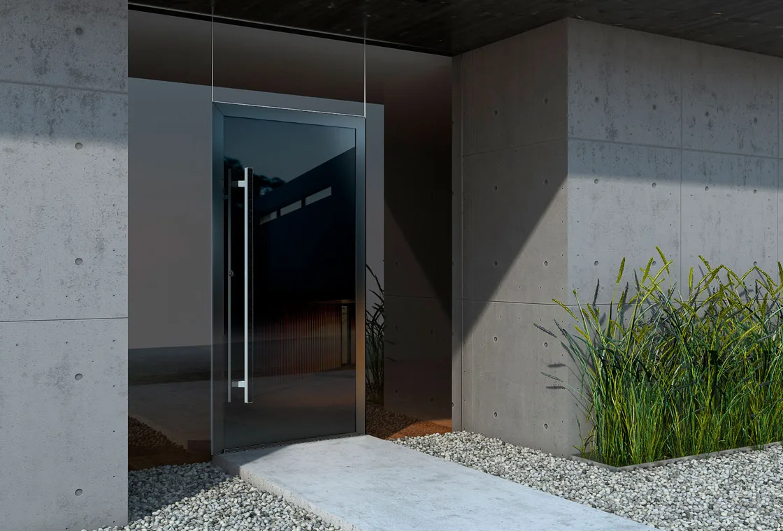 Moderne Aluminium-Paneeltür mit Veyna-Lacobel-Füllung — glatte Fläche aus lackiertem Glas mit Fräsungen