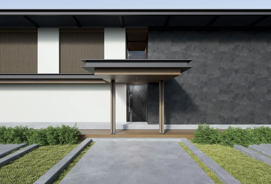Moderne Aluminium-Paneeltür mit Veyna-Modern-Füllung mit vertikalen Lamellen aus Aluminiumprofil