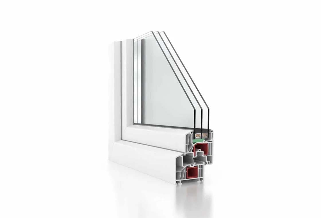 Querschnitt des Fensterprofils Inoutic Prestige 76 mit Dreifachverglasung