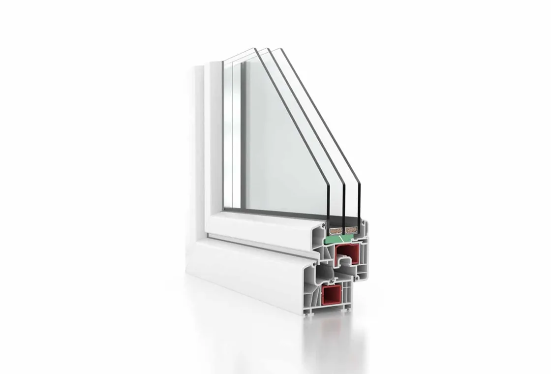Querschnitt des Fensterprofils Inoutic Prestige 76 plus mit Dreifachverglasung