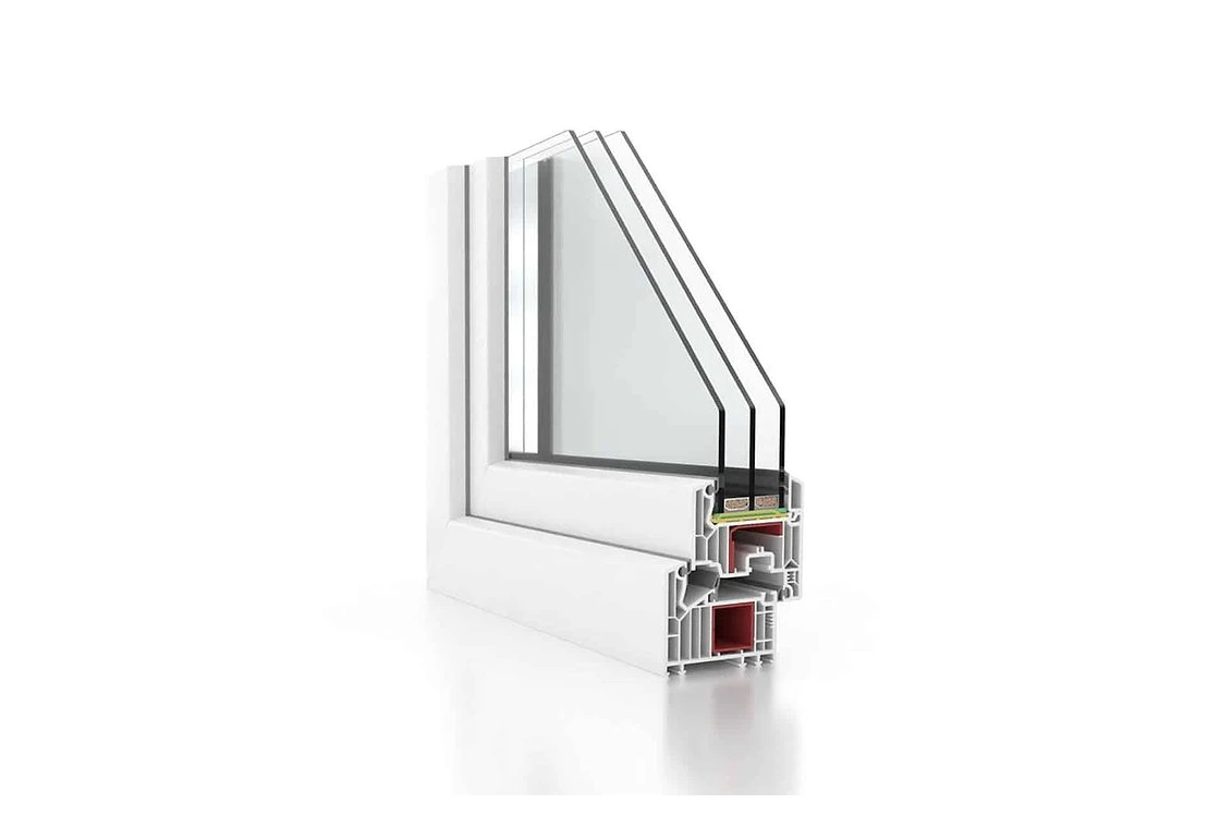 Przekrój profilu okiennego VEKA SOFTLINE 82 MD z pakietem trzyszybowym i uszczelką środkową