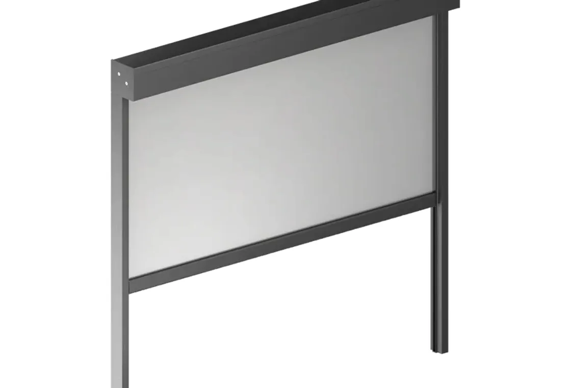 Screen zip z prostokątną kasetą aluminiową i tkaniną naprężoną w dwuczęściowych prowadnicach