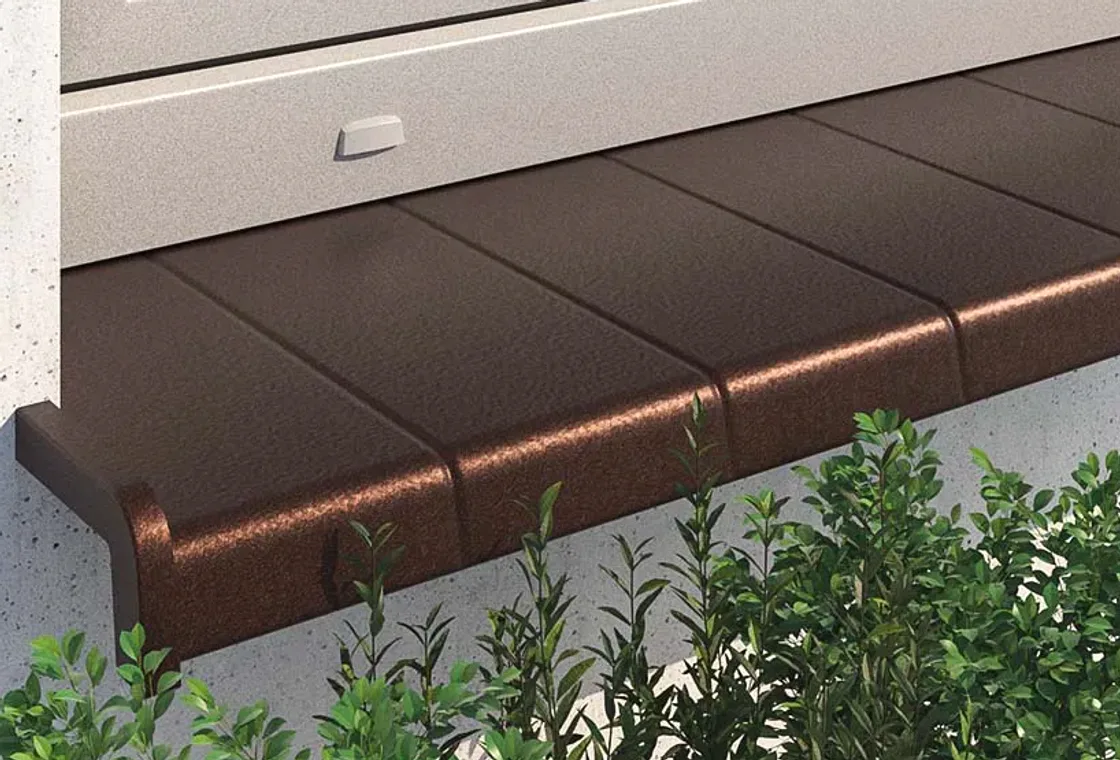 Wizualizacja parapetu aluminiowego z przetłoczeniami imitującymi płytkę klinkierową na elewacji domu