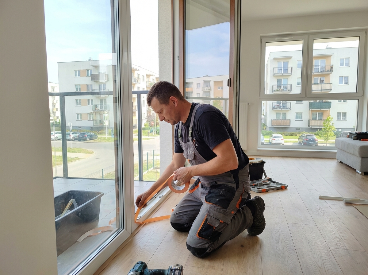 Nowoczesny luksusowy salon z sofami i roślinami połączony z tarasem przy zachodzie słońca, kobieta wシルuetce przy szklanych drzwiach, widok na panoramę miasta (118 znaków)