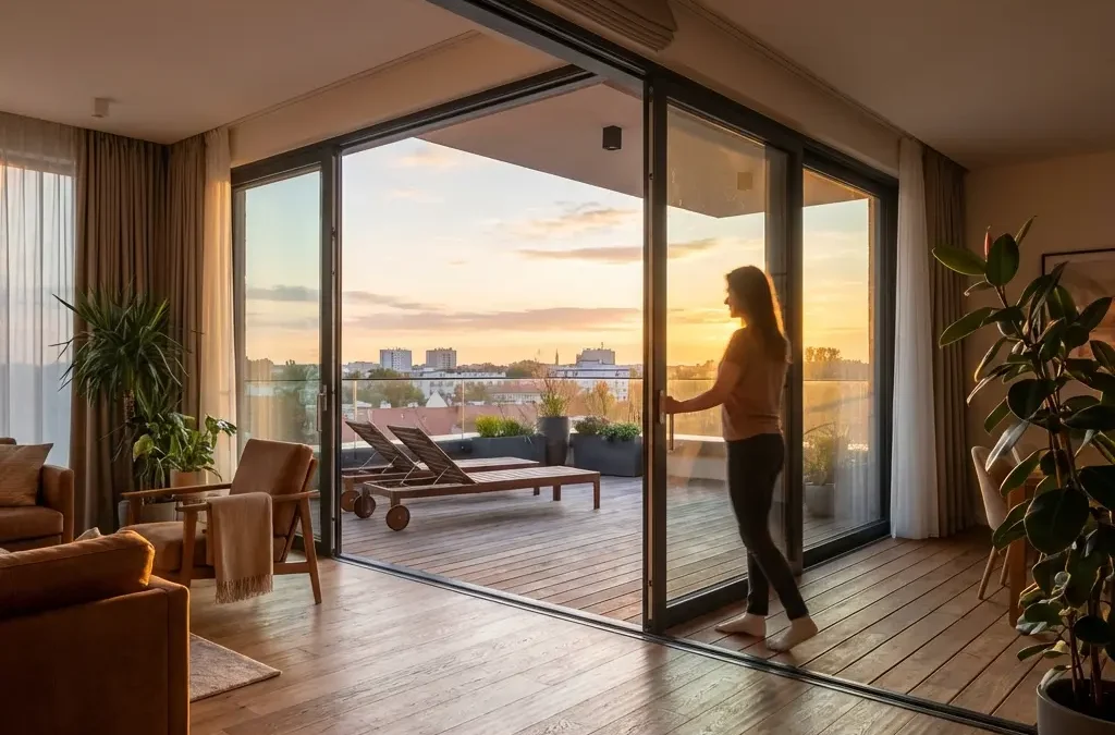 Nowoczesny luksusowy salon z sofami i roślinami połączony z tarasem przy zachodzie słońca, kobieta wシルuetce przy szklanych drzwiach, widok na panoramę miasta (118 znaków)