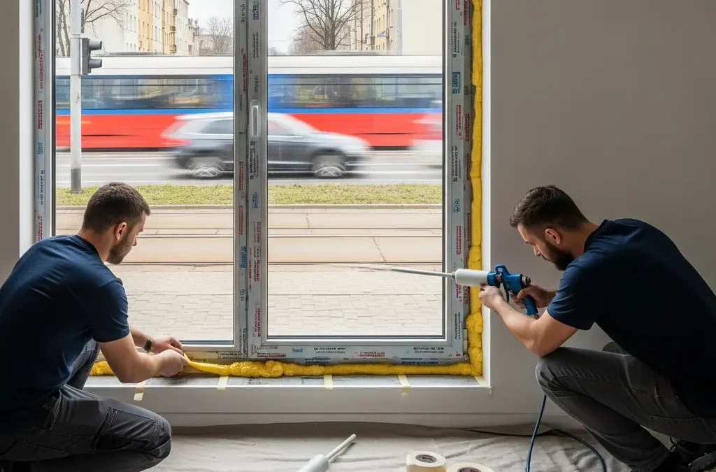 Dwóch mężczyzn montujących duże okno z żółtą pianką uszczelniającą i pistoletem do silikonu, narzędzia na płachcie, rozmyty tramwaj miejski na zewnątrz