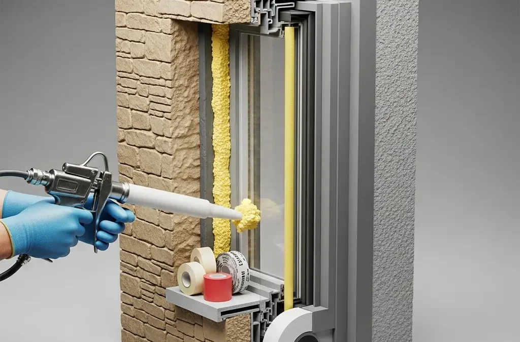 Widok przekroju montażu nowoczesnego okna z monterem w niebieskich rękawicach aplikującym żółtą piankę ekspandującą pistoletem do szczeliny między ramą a ścianą ceglaną