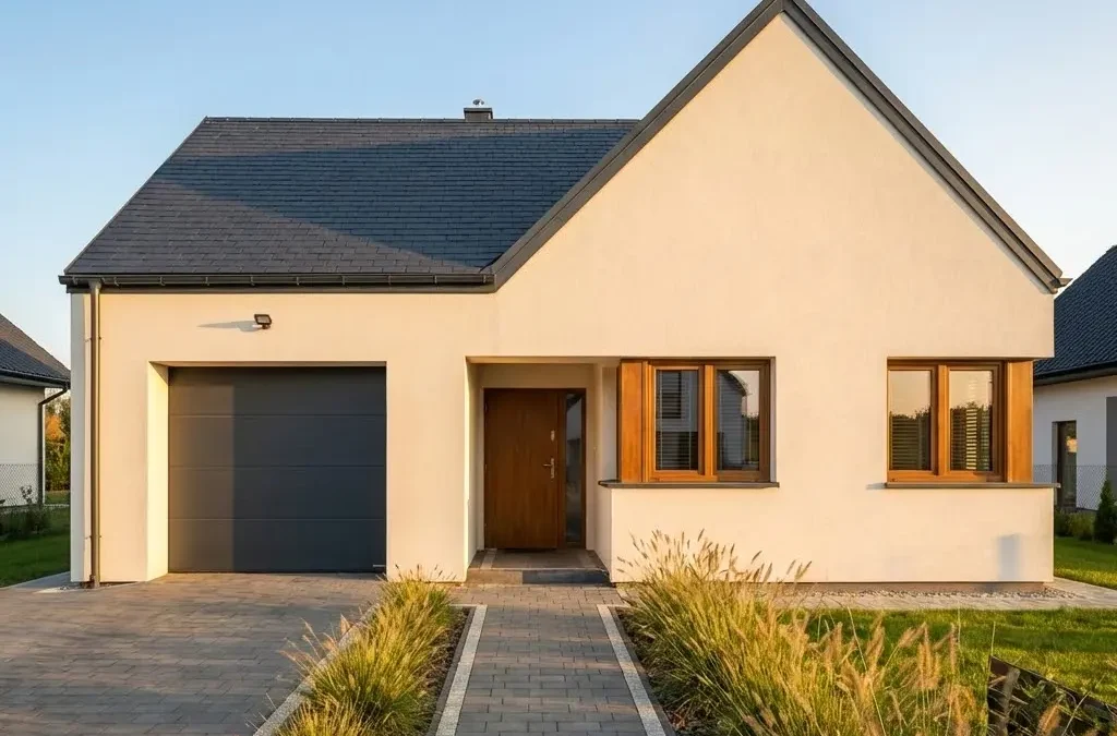 Nieskazitelny nowoczesny dom jednorodzinny z jasną stiukową elewacją, ciemnoszarym dachem, bramą garażową i drewnianymi drzwiami pod czystym słonecznym niebem