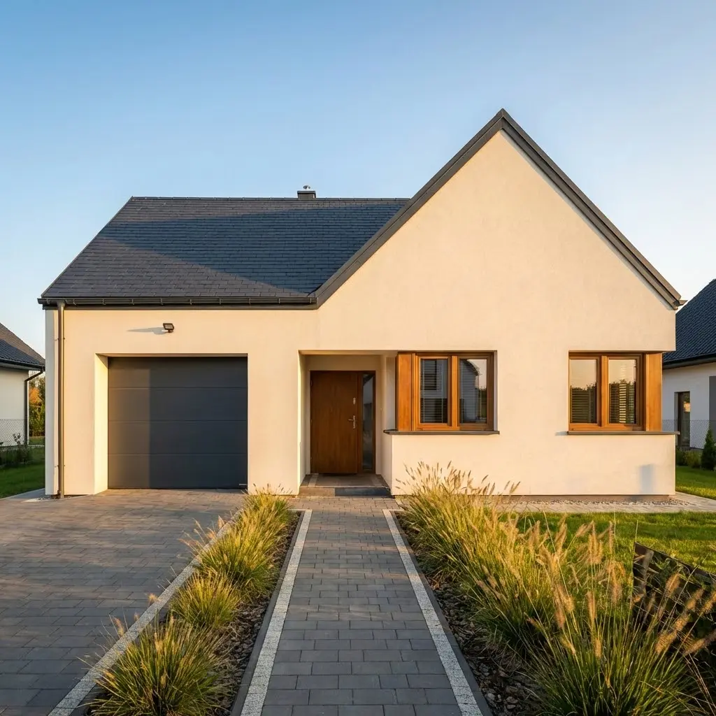 Nieskazitelny nowoczesny dom jednorodzinny z jasną stiukową elewacją, ciemnoszarym dachem, bramą garażową i drewnianymi drzwiami pod czystym słonecznym niebem