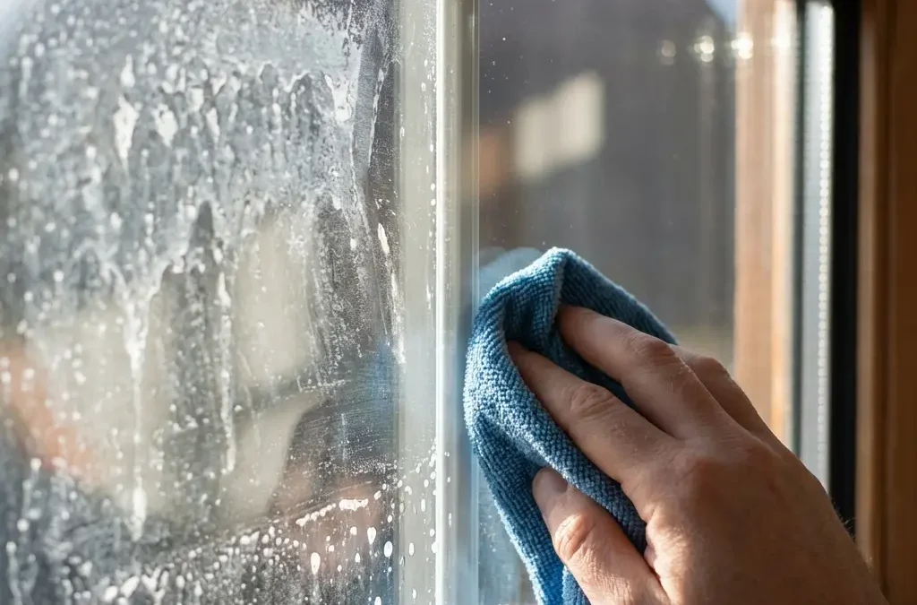 Close-up ręki wycierającej okno niebieską ściereczką z mikrofibry, pianka i krople wody po lewej, czysta szyba po prawej w drewnianej ramie