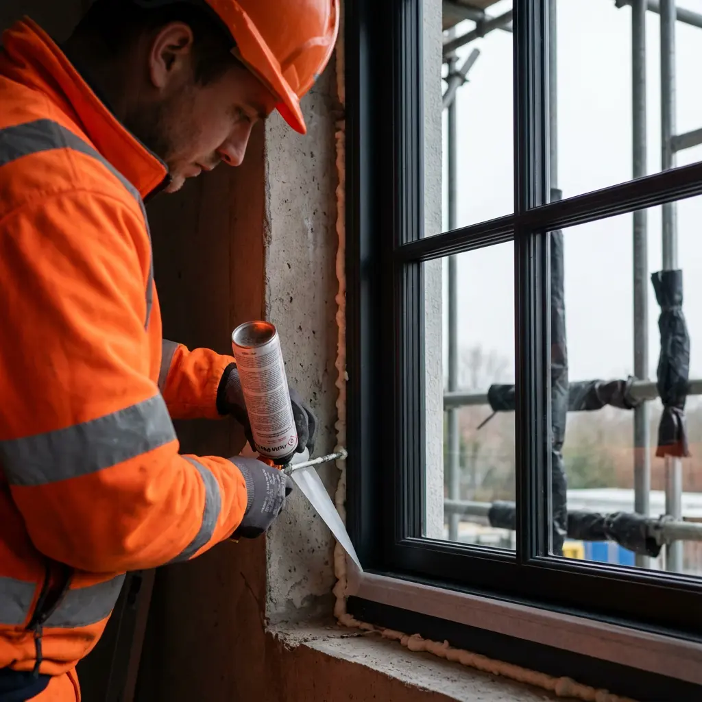 Robotnik budowlany w pomarańczowym kasku i kurtce odblaskowej aplikuje piankę montażową wokół nowo zainstalowanej ramy okna z ciemną ramą w ścianie betonowej