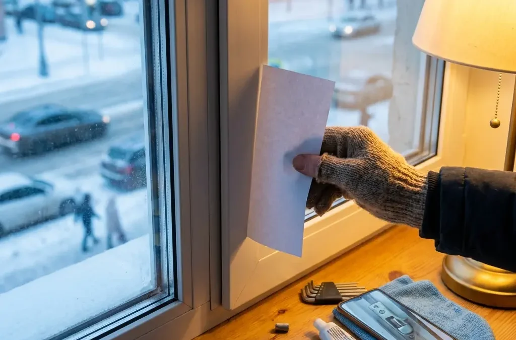 Ręka w rękawiczce wykonuje test na przeciąg na białej ramie okna PVC zimą, narzędzia na parapecie, zaśnieżona ulica miejska na zewnątrz